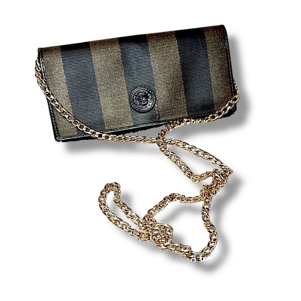 Fendi Black and Taupe Striped Wallet with
Removable Gold Tone chain VTG